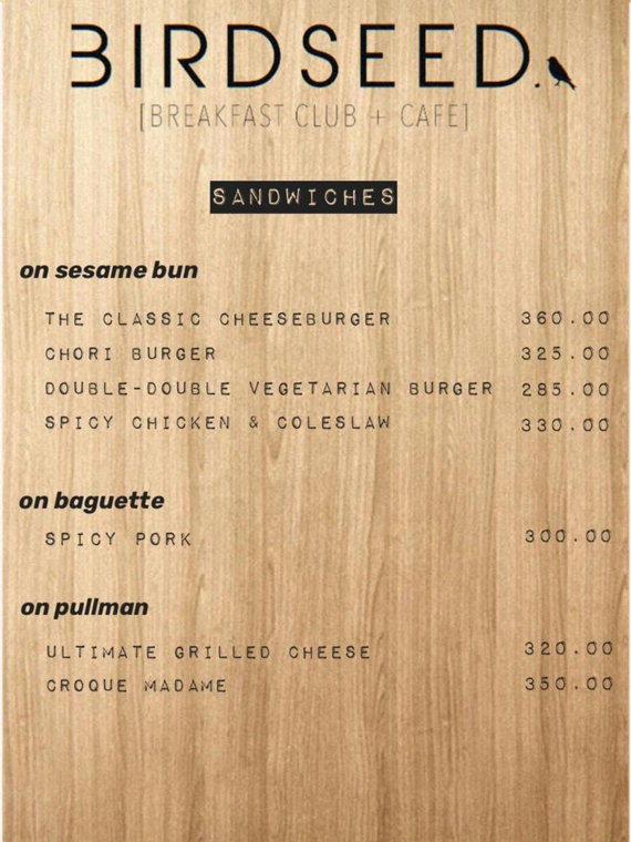 Birdseed Breakfast Club + Caféのメニュー