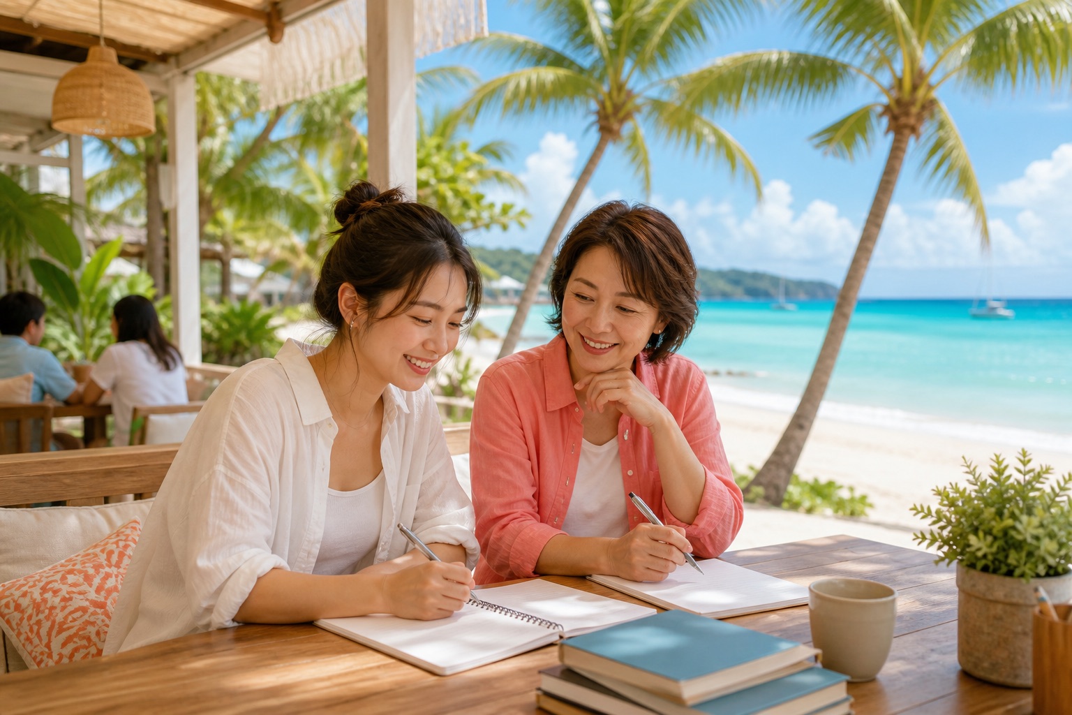 ボラカイの海辺で英語を学ぶイメージイラスト