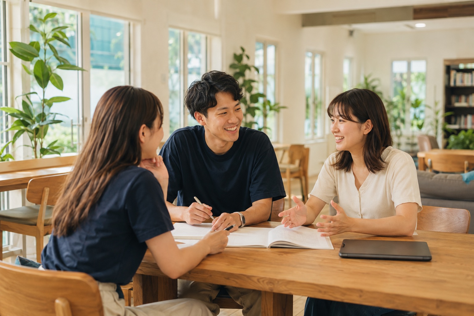 明るい教室で会話を楽しむ留学生たちのイメージ