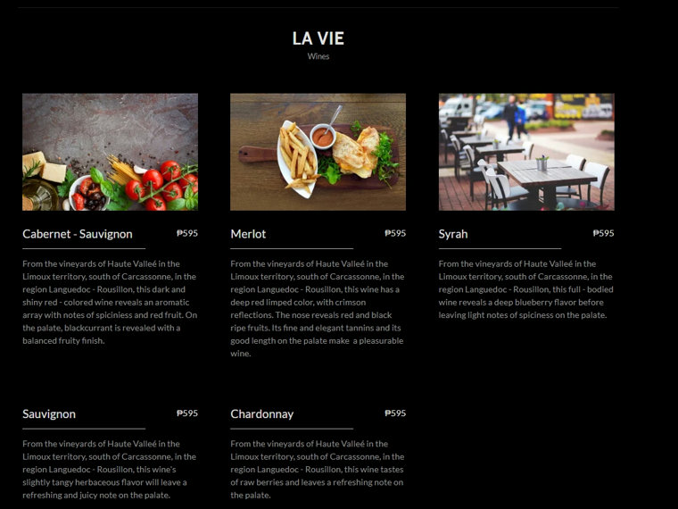 La Vie in the Skyのメニュー