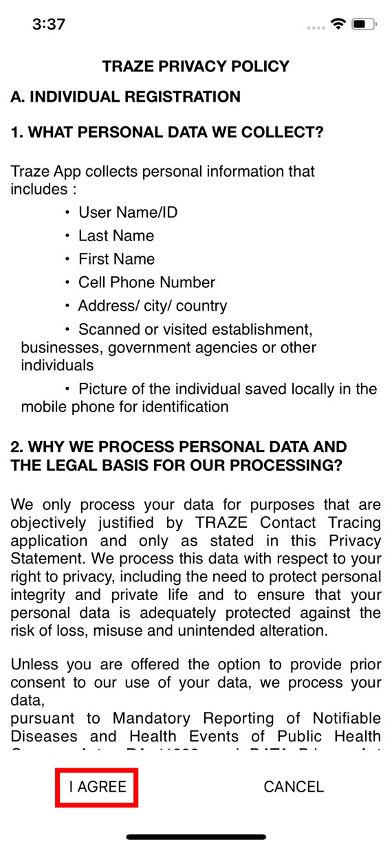 Traze Contact Tracing個人情報入力に関する規約